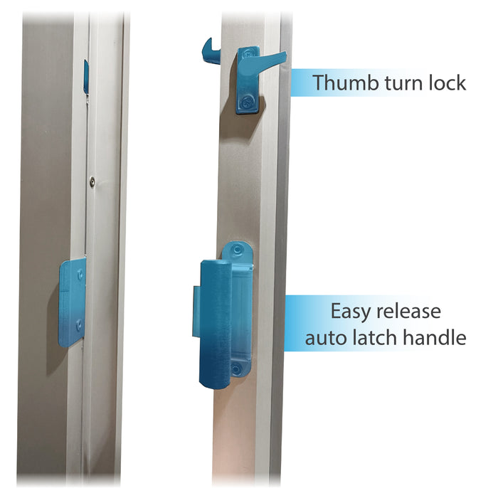 275-SC Ready Access Self Closing Drive-Thru Slider Window Multiple Colors thumb turn lock and easy release auto latch handle