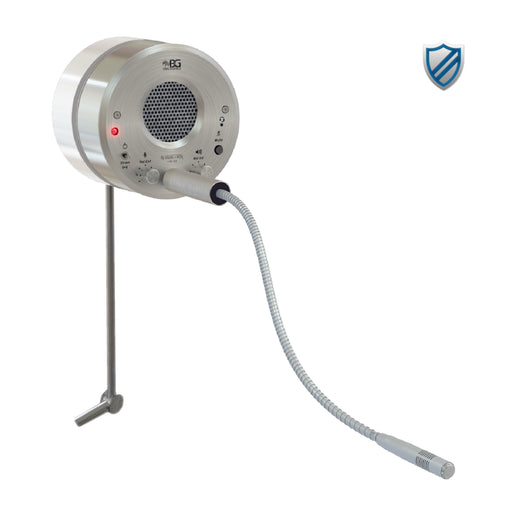 A silver window intercom system made of aluminum and steel with a gooseneck microphone, buttons, and a visual speaker window.