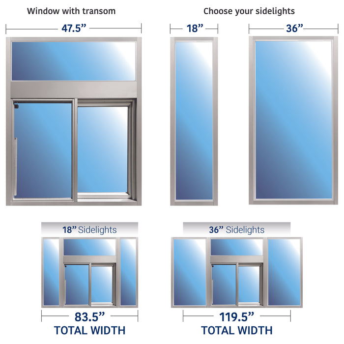 Ready Access 275 Self Closing Drive-Thru Slider Window with Transom and Side Lights, 1/4" Tempered Glass | Multiple Color Options