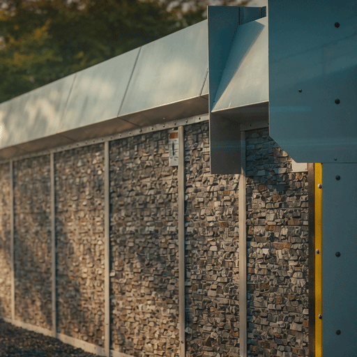A modern security and privacy barrier system photographed in warm evening light. The fence features modular panels filled with stacked gray stone (gabion-style), framed by clean silver metal posts and horizontal caps. A solid metal panel section appears on the right, accented by a yellow vertical post. Barbed wire runs along the top. The barrier sits beside a gravel path with soft dust in the air and green foliage visible on the left.