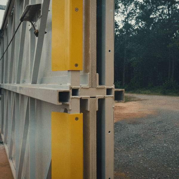 A close-up view of a heavy-duty industrial security gate featuring a robust metal frame with diagonal bracing, yellow vertical posts, and mesh or translucent panels. The gate stands partially open beside a gravel and dirt access road. In the background, a white pickup truck is parked near a long white perimeter wall, with trees and power lines visible under an overcast sky.