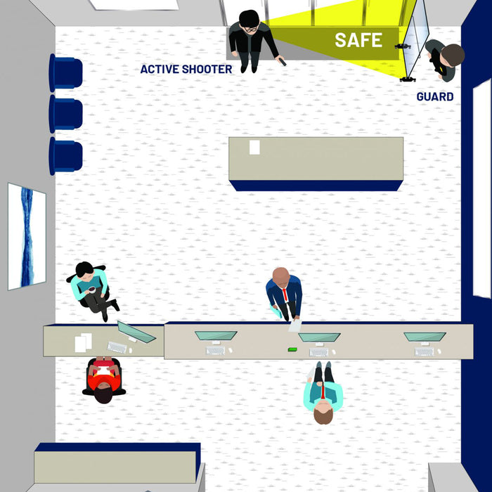 Illustration of an active shooter scenario B showing guards using Mobile Safe Shield™ units to create safe defensive zones and block the attacker’s line of fire.
