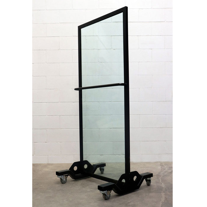 Interior view of the Mobile Safe Shield™ showing clear ballistic glass panel, black steel frame with hand rail, and heavy-duty caster wheel base for mobility and stability.