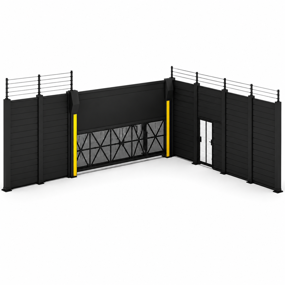 Perimeter fence line showing a sliding vehicle gate between yellow guard posts, a personnel door, security tech posts, and animal mitigation wire along the top of the fencing