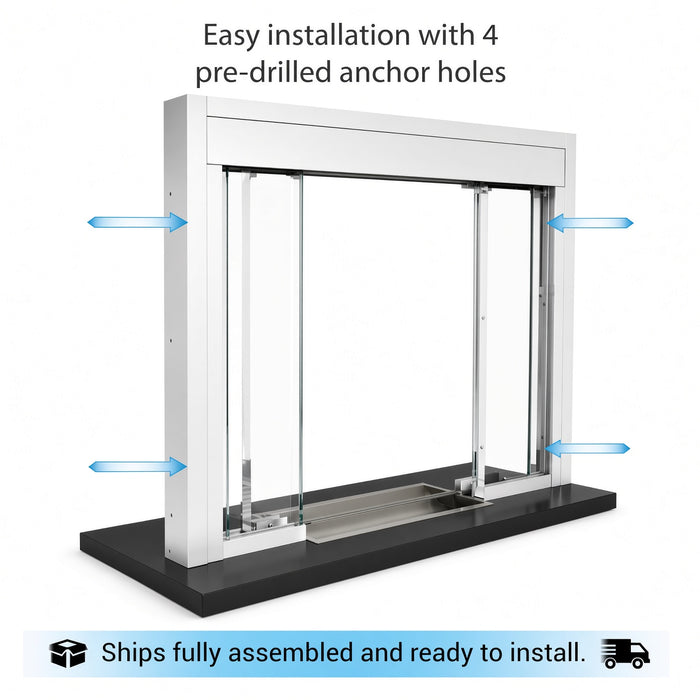 Clear Anodized Aluminum Frame with Glass Baffled Transaction Window with Base and Deal tray window system on a black base, shown on a white background with text reading 'Easy installation with 4 pre-drilled anchor holes' and blue arrows indicating direction. A shipping icon and text at the bottom say it ships fully assembled and ready to install.