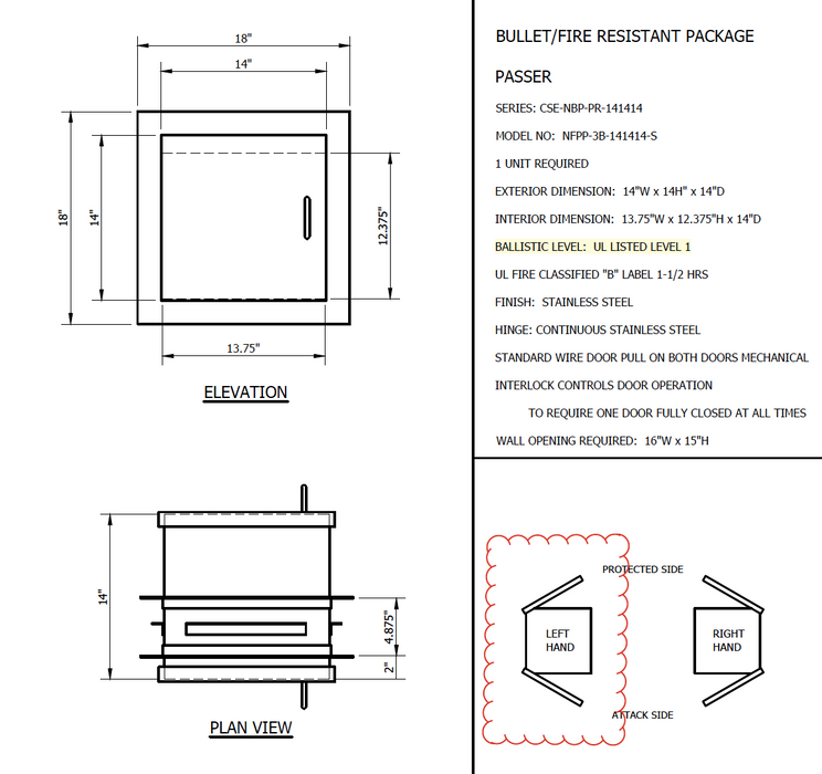 FAH Fire Rated Bullet Resistant Pass Thru Package Receiver | UL Level 1 | 5" Wall Depth